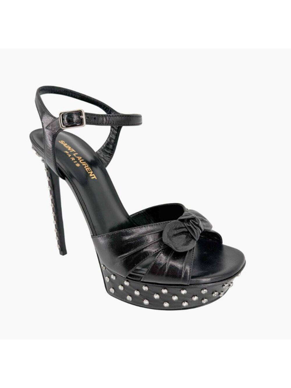 Saint Laurent Crystal Platform Sandals Heels Black Leather Size 39.5 US 9.5 Bow - Picture 10 of 16